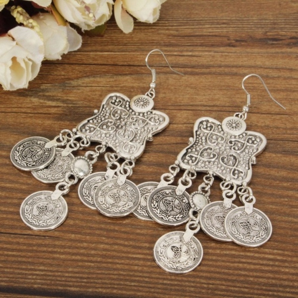 Silver Floral Coin Statement Earrings